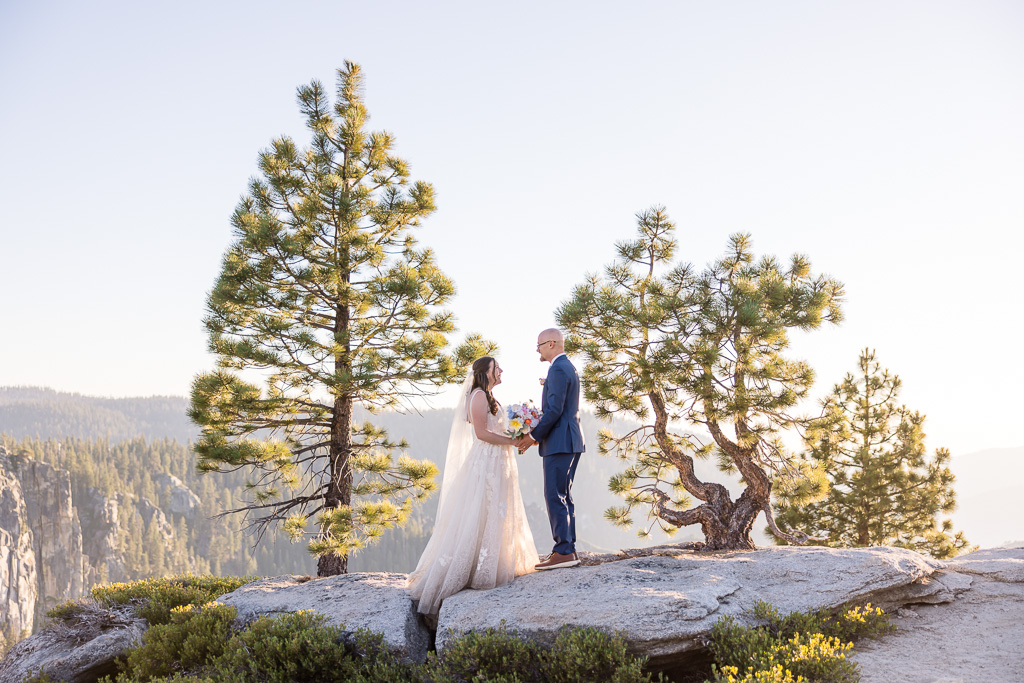 wedding photos near some trees at Yosemite