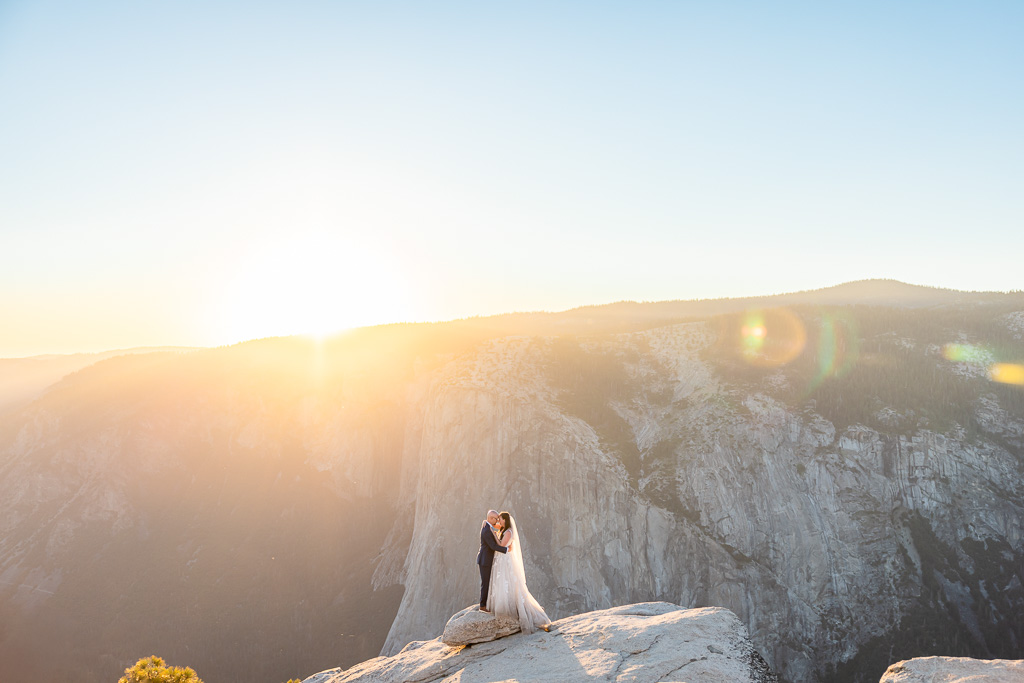 wedding photo with Yosemite golden sunset light