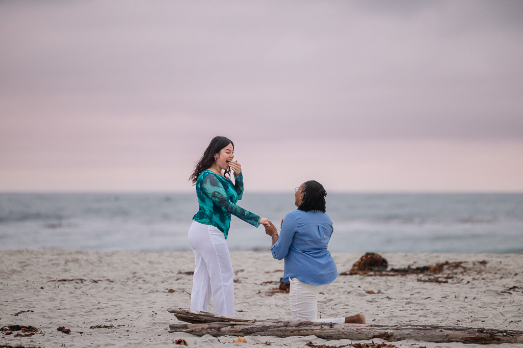 surprise proposal at Carmel Beach at dusk