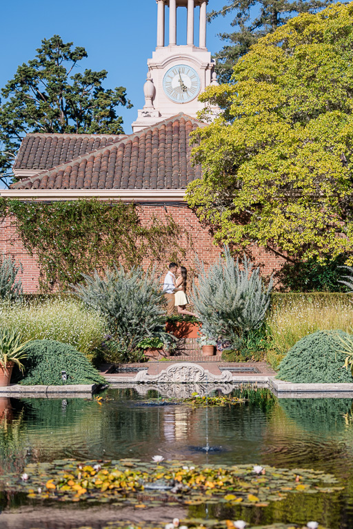 engagement photos at large rectangular pool at Filoli