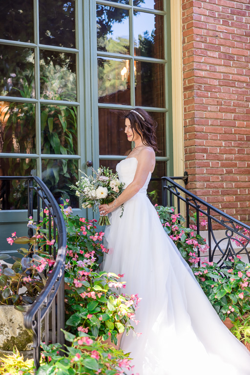 elegant bride solo shot at the back of the Filoli House