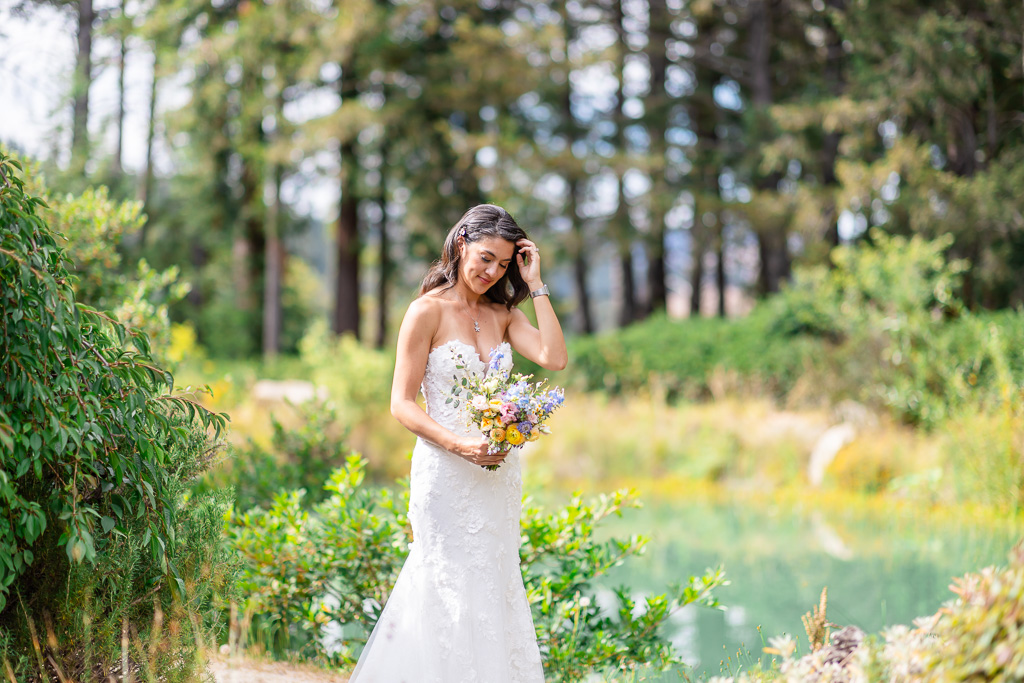 bride solo pic at the Sonoma Forest Sanctuary pond