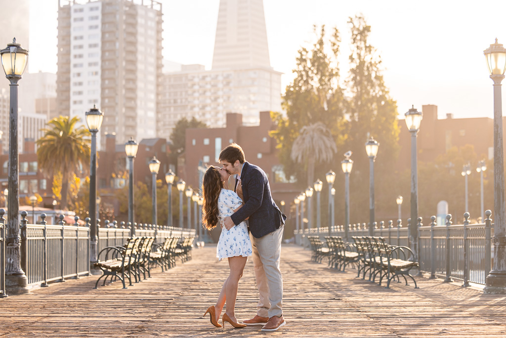 golden hour engagement photos on the Embarcadero at Pier 7