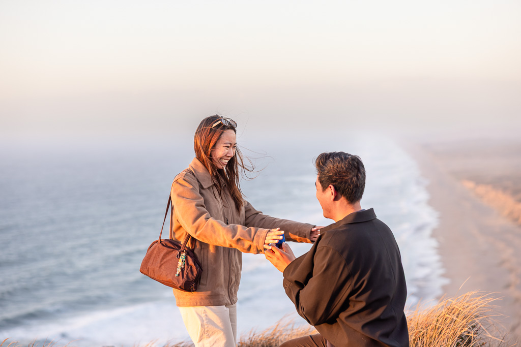 A newly engaged woman reaches toward her fiancé as he presents the ring at the ocean overlook.