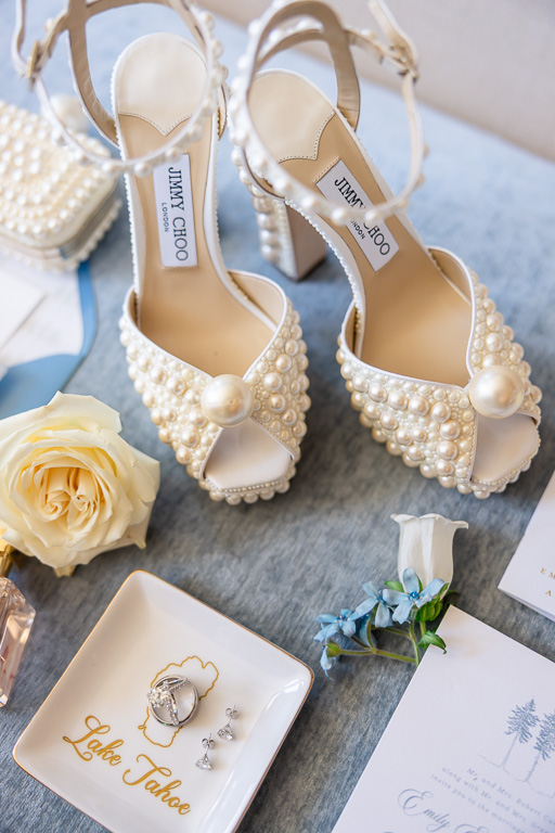 Bridal Jimmy Choo shoes, rings, and Lake Tahoe wedding details