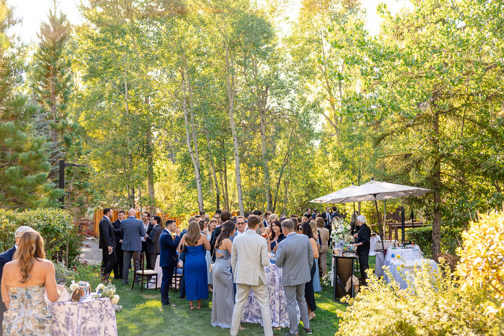 Guests gather beneath the trees during the outdoor wedding celebration