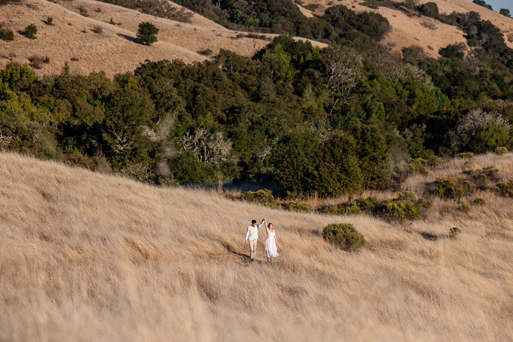 faraway shot of couple on a hillside in tall yellow grass